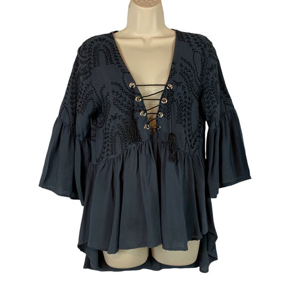 Flowers Of Romance Tops - Flowers Of Romance Womens Blouse Black Bell Sleeve V Neck Tassel Embroidered XS